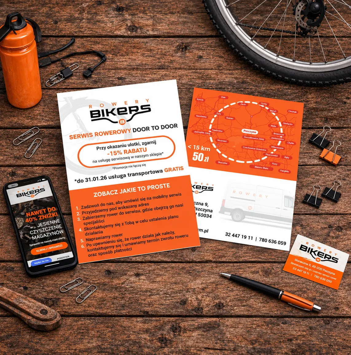 Projekt ulotki dla sklepu rowerowego — projekt graficzny