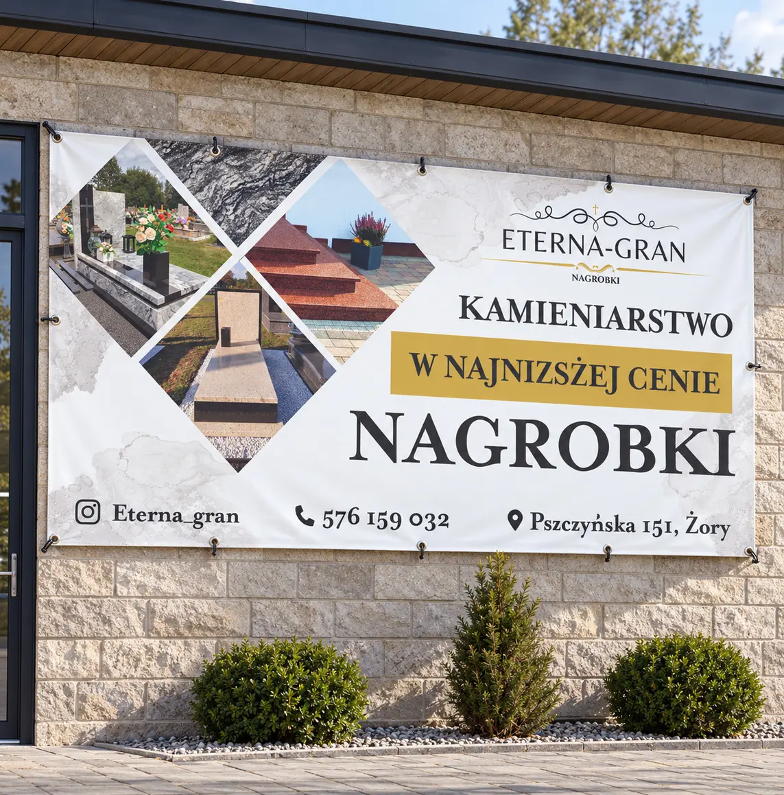 Wydruk banera dla firmy kamieniarskiej — realizacja reklamy tradycyjnej