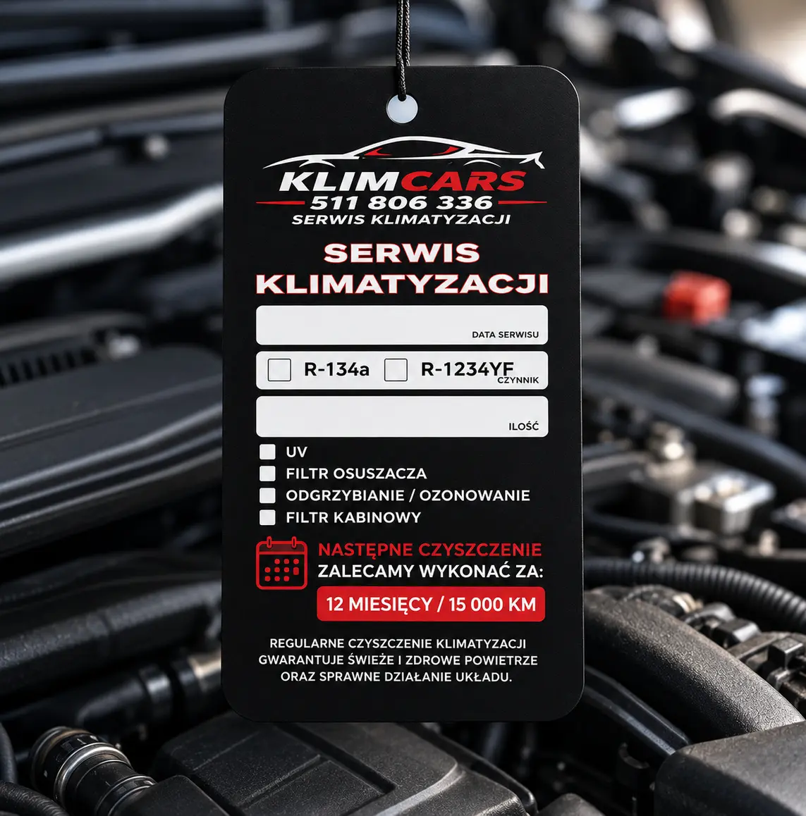 Wydruk zawieszek serwisowych dla Klimcars — realizacja reklamy tradycyjnej