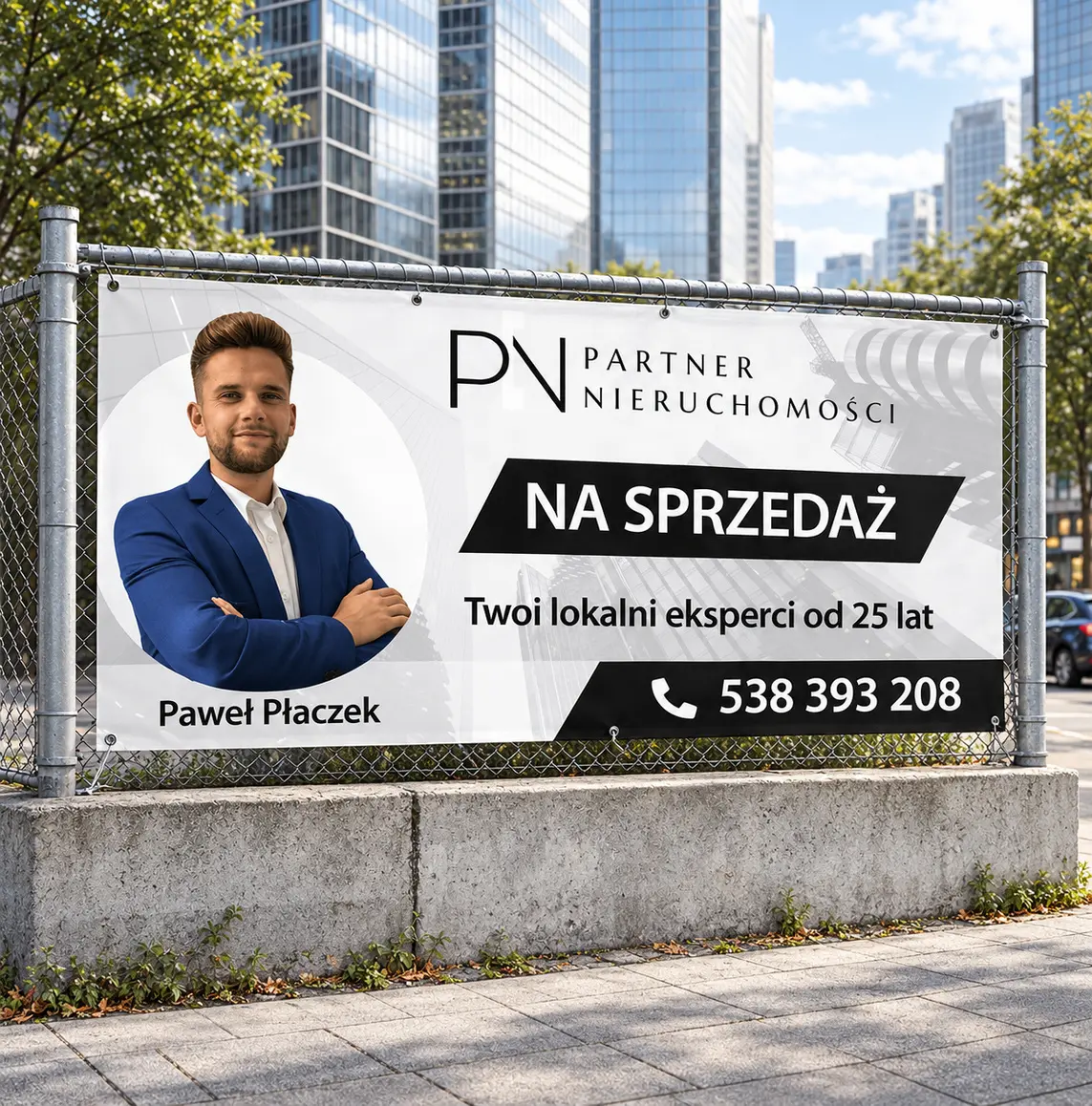 Wydruk banera dla pośrednika nieruchomości — realizacja reklamy tradycyjnej