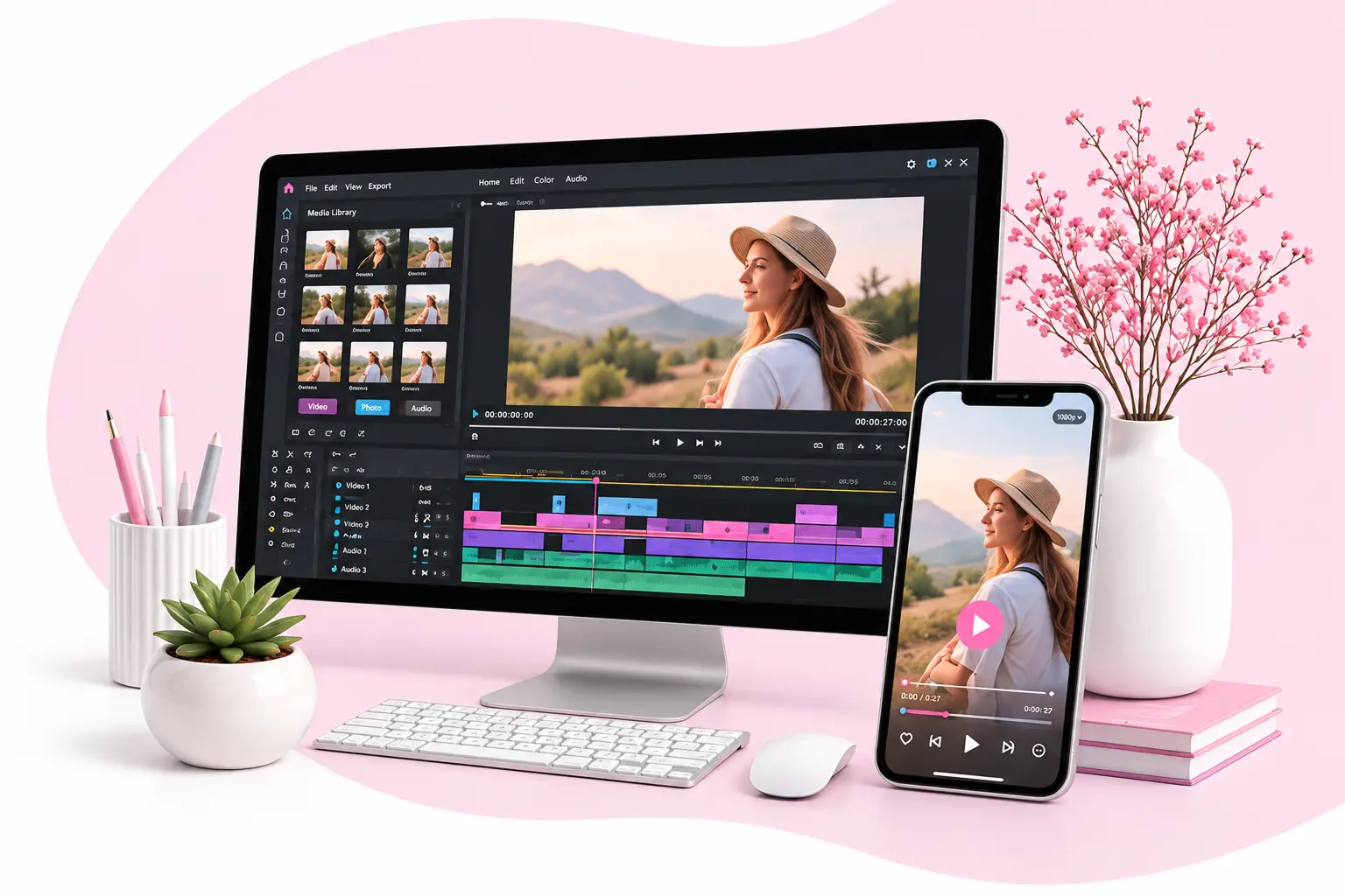 Montaż filmu w programie do edycji wideo na komputerze i gotowe wideo na telefonie